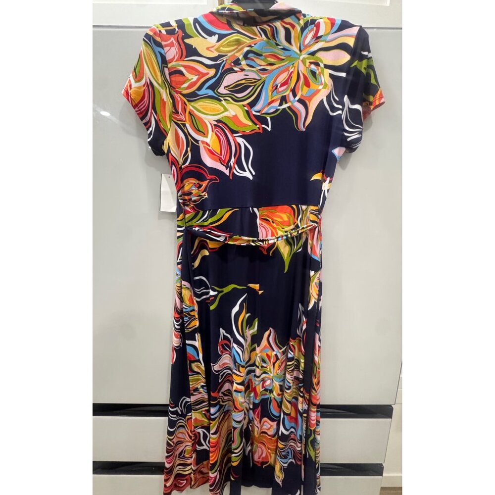 MSK Womens Navy Multicolor Floral Print Belted Midi Dress With Gold Ring Zipper - Picture 3 of 6